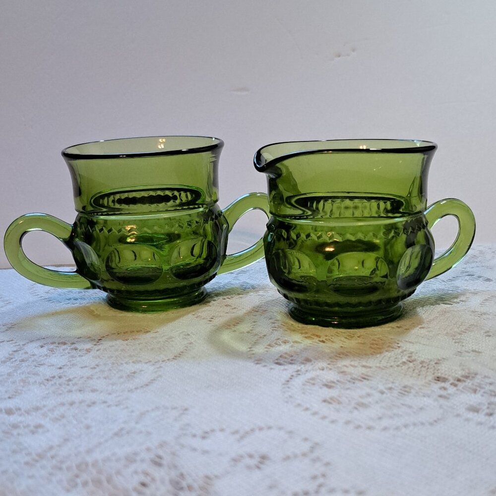 Vintage Indiana Glass Olive Green Kings Crown Thumbprint Sugar & Creamer Set
